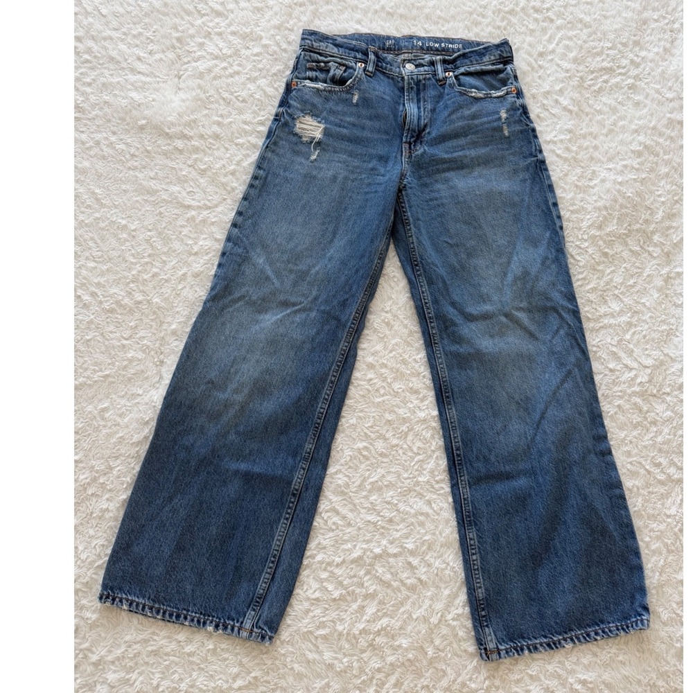 Gap Jeans Kids 14 Low Stride Wide Leg Distressed Blue Denim Excellent